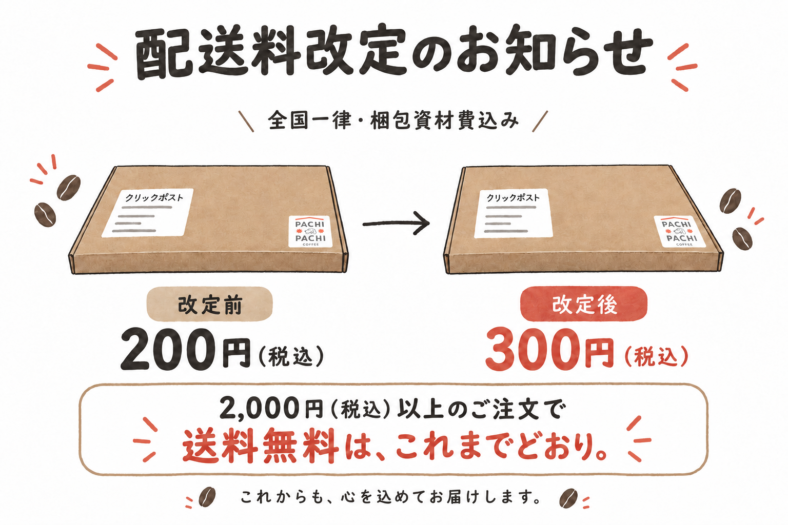 ぱちぱち珈琲:配送料改定のお知らせ